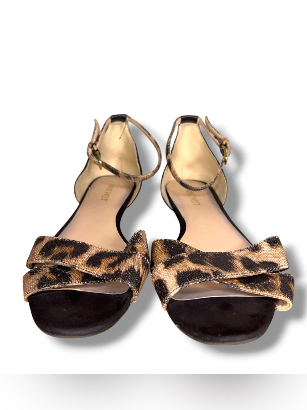 Size 8.5 Nine West Leather Leopard Black Ankle Strap Open Toe Shoes Flats
